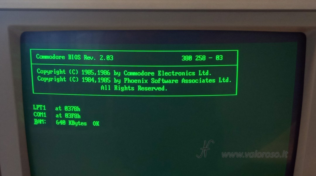 Commodore PC10 espansione RAM, memoria espansa 640KB, Commodore BIOS Rev. 2.03 380 258 - 03, Copyricht (c) by Commodore Electronics Ltd, by Phoenix Software Associates Ltd.