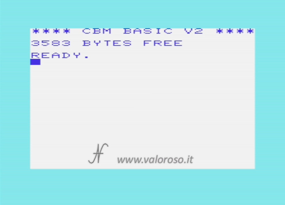 Commodore Vic20, CBM Vic-20, Vic 20, home screen, boot screen, schermata di avvio azzurra, cbm basic v2, 3583 bytes free, ready, unexpanded RAM